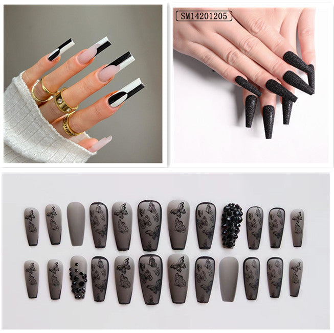 Phantom Dark Butterfly Fake Nails Long T Finished Black Frosted Removable Wear Armor