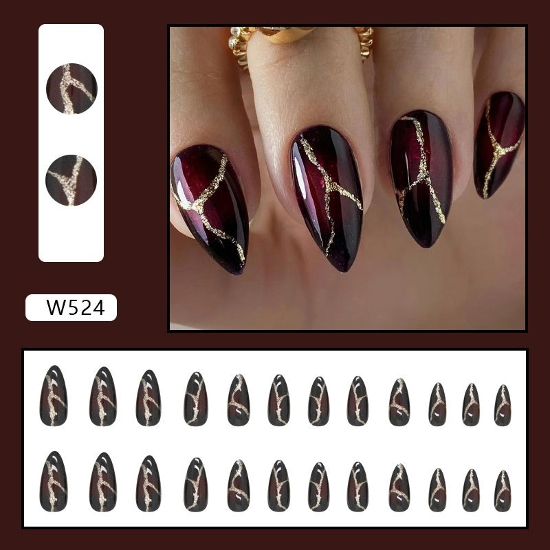 Fake Nails Gold Powder Stone Pattern Dark Red Wear