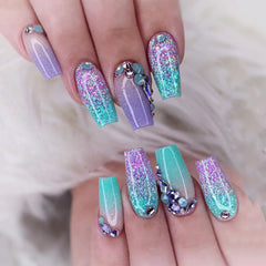 24pcs Long Ballerina Nails French gradient glitter diamond fake nail Full Cover Press on Nails DIY Detachable False Nails