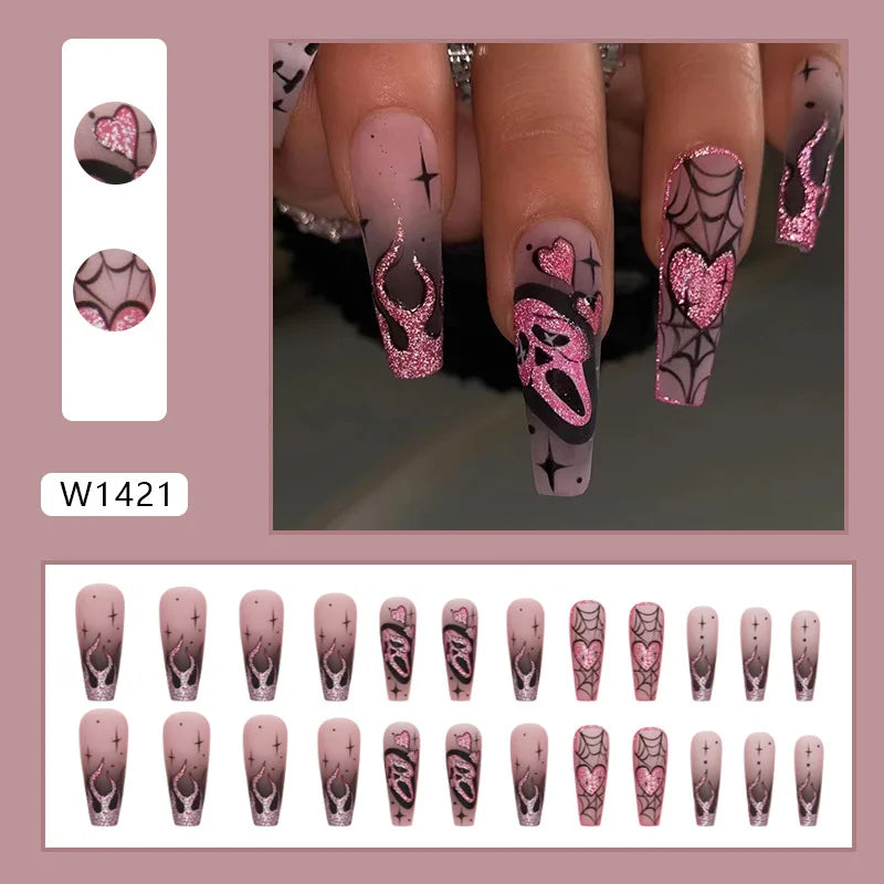 24pcs Glitter Pink Sequin Fake Nail Patch Scary Skull Love Heart Pattern Artificial Nails Full Cover Wearable Halloween Gifts