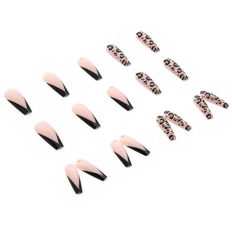 24pcs French Sexy Leopard Print Long Ballet Nail Pieces Wearable Removable Fake Nail With Rhinestone Press On Nail