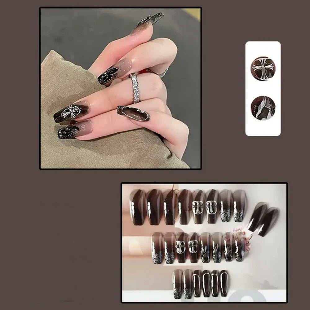 Black Square Press On Nails with 3D Cross Designs - Full Cover Acrylic False Nails for Women and Girls Detachable Long Fake nail