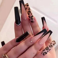 24pcs French Sexy Leopard Print Long Ballet Nail Pieces Wearable Removable Fake Nail With Rhinestone Press On Nail