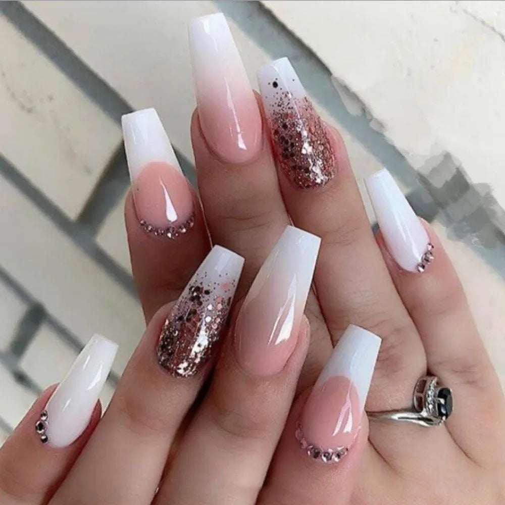 24pcs Long Ballerina Nails French gradient glitter diamond fake nail Full Cover Press on Nails DIY Detachable False Nails