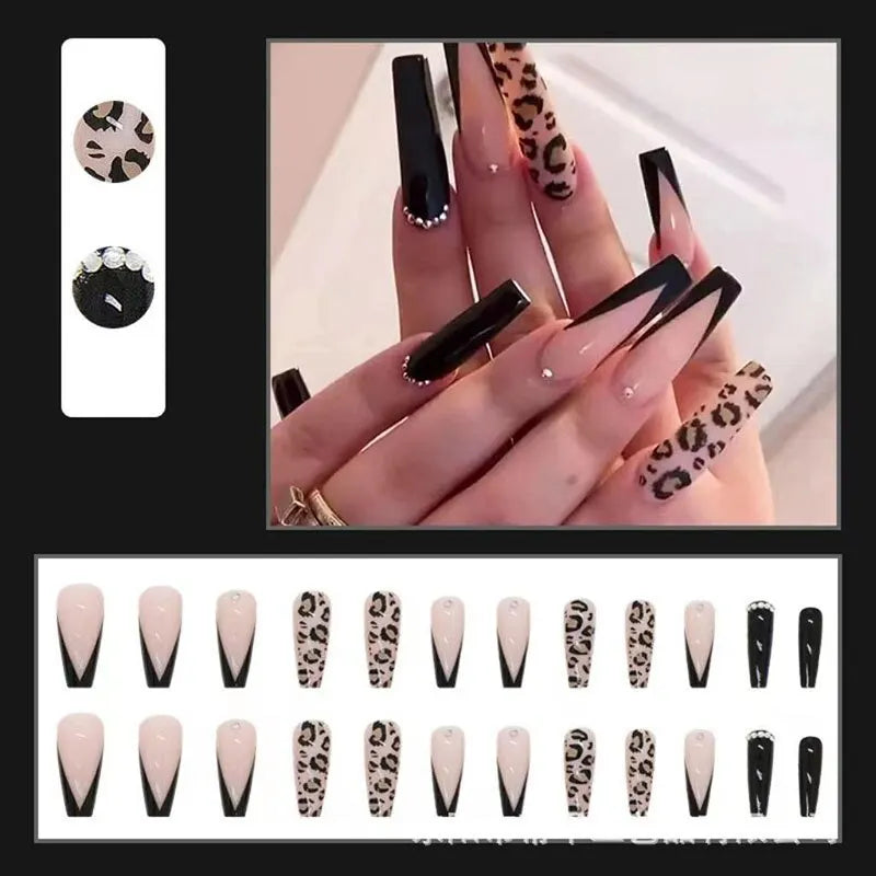 24pcs French Sexy Leopard Print Long Ballet Nail Pieces Wearable Removable Fake Nail With Rhinestone Press On Nail